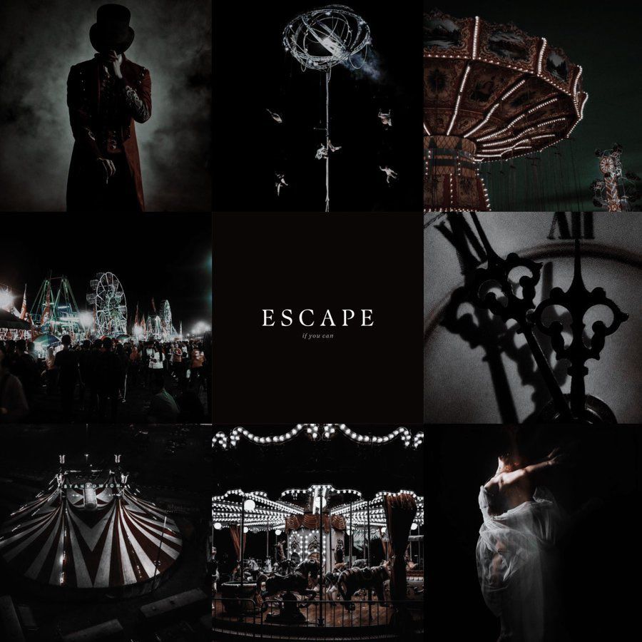 MOODBOARD

TOP ROW: a ringmaster figure looking down, acrobats swinging down with ropes, a swing carousel 

MIDDLE ROW: a carnival landscape with a big Ferris wheel in the center, the words “Escape if you can” with a solid black background, the hands of a clock

BOTTOM ROW: a circus tent from an aerial view, a carousel, an acrobat figure wearing a tulle dress
