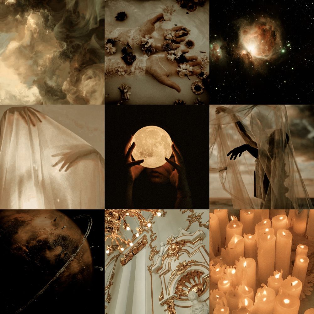 MOODBOARD

TOP ROW: clouds in the sky, hands submerged in milky white water with floating flowers, a shot of space showing stars and a supernova (I think 😅)

MIDDLE ROW: hands beneath a white veil, hands holding a sphere of the moon, a person posing with their hands beneath a transparent veil

BOTTOM ROW: a planet in space, walls decorated with gold and a matching gold chandelier, white candles burning
