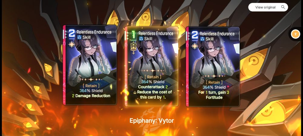 A screengrab of a game, showing three digital cards with the name 'Relentless Endurance'.