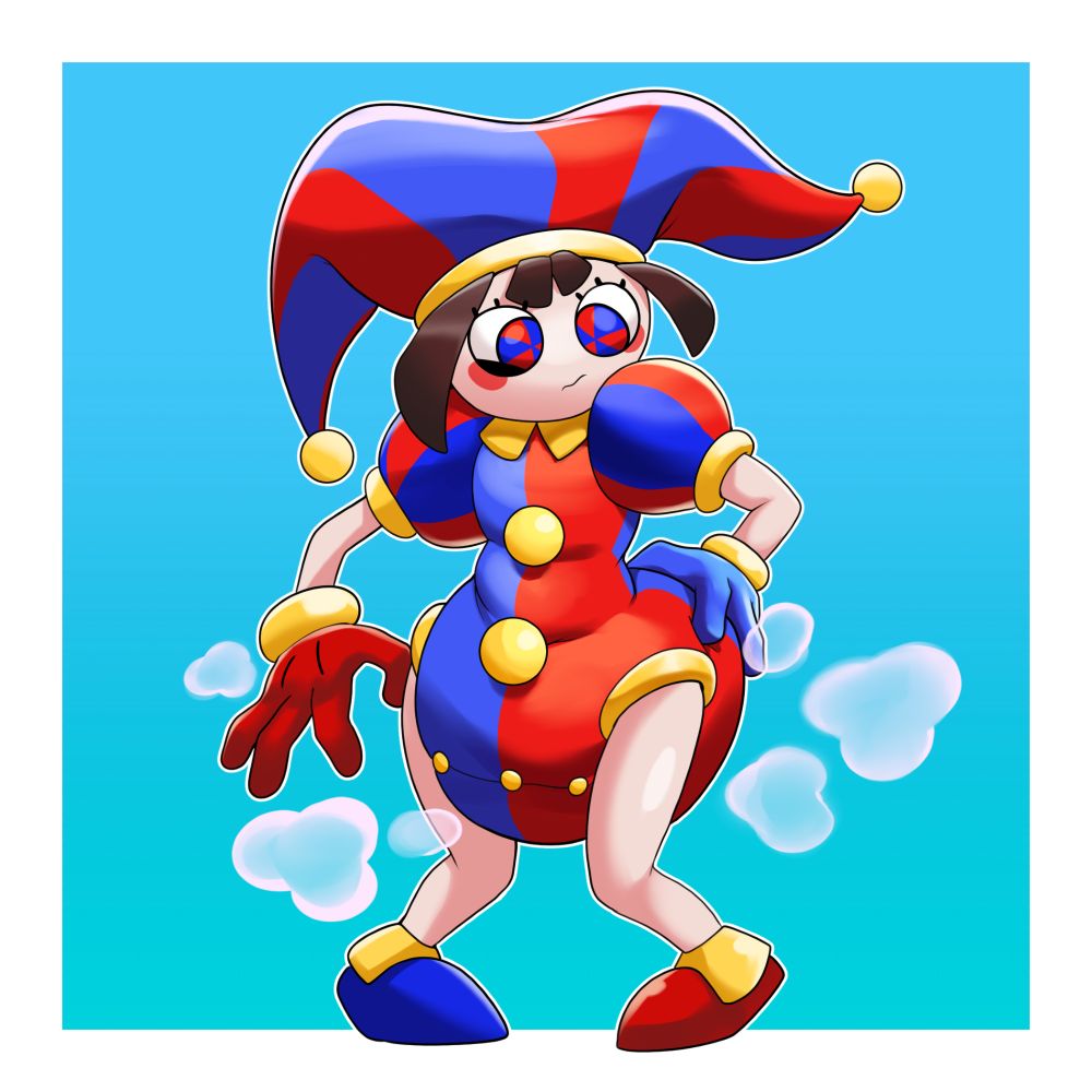 Tags: abdl, diaper, baby powder, onesie, blushing, clown, jester
Digital art of Pomni from The Amazing Digital Circus, wearing a modified version of her usual outfit that has been turned into a onesie with a thick diaper underneath. She brings one hand to it, feeling it as it lets out puffs of baby powder while she has a slightly embarrassed/curious look on her face.