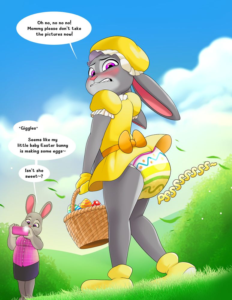 Tags: ABDL, Diaper, nsfw, furry, rabbit, dress, wetting, embarrassment.
Digital abdl art of Judy Hopps from Zootopia, dressed in a yellow frilly dress that barely covers up an Easter-themed diaper. All the while Judy is holding a basket of Easter eggs, and in the background is her mother Bonnie, who is holding a smart phone to take a photo of her.

Judy looks towards her diaper, looking embarrassed as she wets her diaper while her mother photographs her.