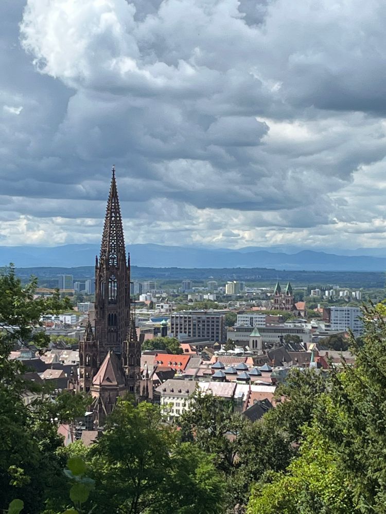 The cloudy but still sunny city skyline of Freiburg from the Schlossberg, with the Münster as the main building in view.