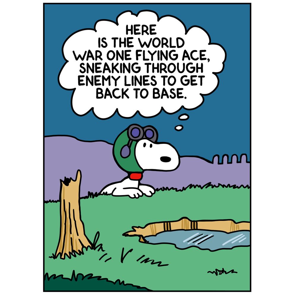 Peanuts' Snoopy, in the Graveyard: Here is the World War One Flying Ace, sneaking through enemy territory to get back to base."