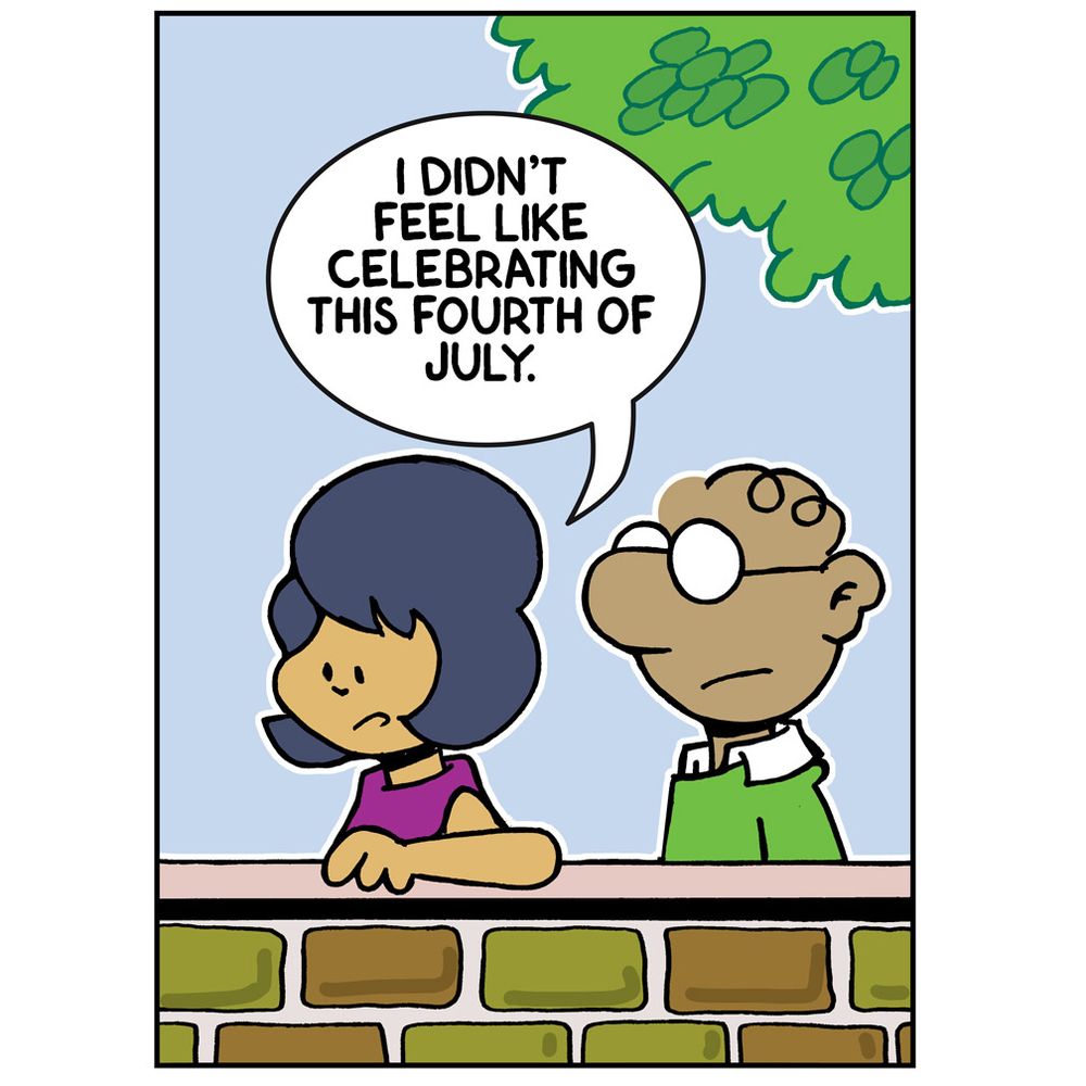 Sujata and Ken, sitting at the wall. Sujata says "I didn't feel like celebrating the Fourth of July..."