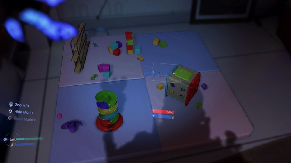 Through the eyes of Sam Porter Bridges, you look down at a play mat set up in your shelter where your child played with their favorite toys. The room is dark, barely lit by the Odradek on Sam's shoulder. Your shadow is cast overtop of some of the toys.