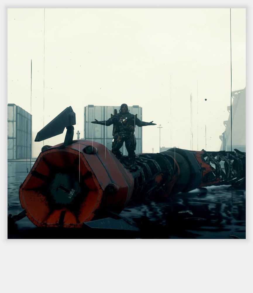 Sam standing on top of the first boss of the game, a giant mech worm. Sam's holding his arms out to the side and leaning back slightly as if to imply he's feeling really confident and is saying, "Who's next!?".