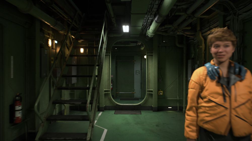 Sam walking from his room on the ship to the bathroom down the hall. On his way he passes Fragile also walking in the hall. You pass by her and she looks all blurry in your peripherals.