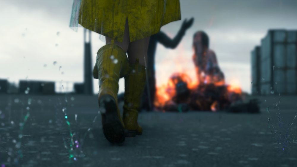 Rainy is walking toward some blurred out characters, standing right in front of her. Raindrops are falling all around Rainy's feet.
