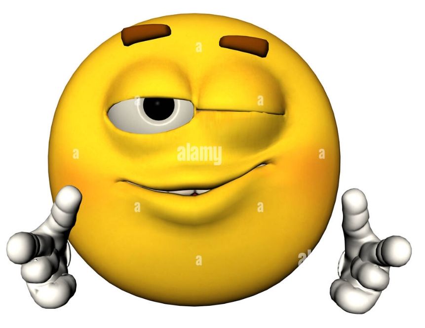 An unpleasant 3d smiley face winning and pointing.