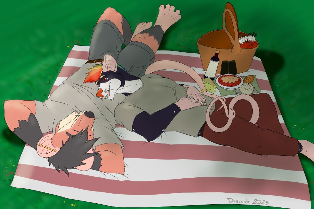 Two rats, Rob and Paco, lay with one another on a picnic blanket, tails intertwined lovingly. Delicious food and wonderful company makes for an incredible Summer afternoon