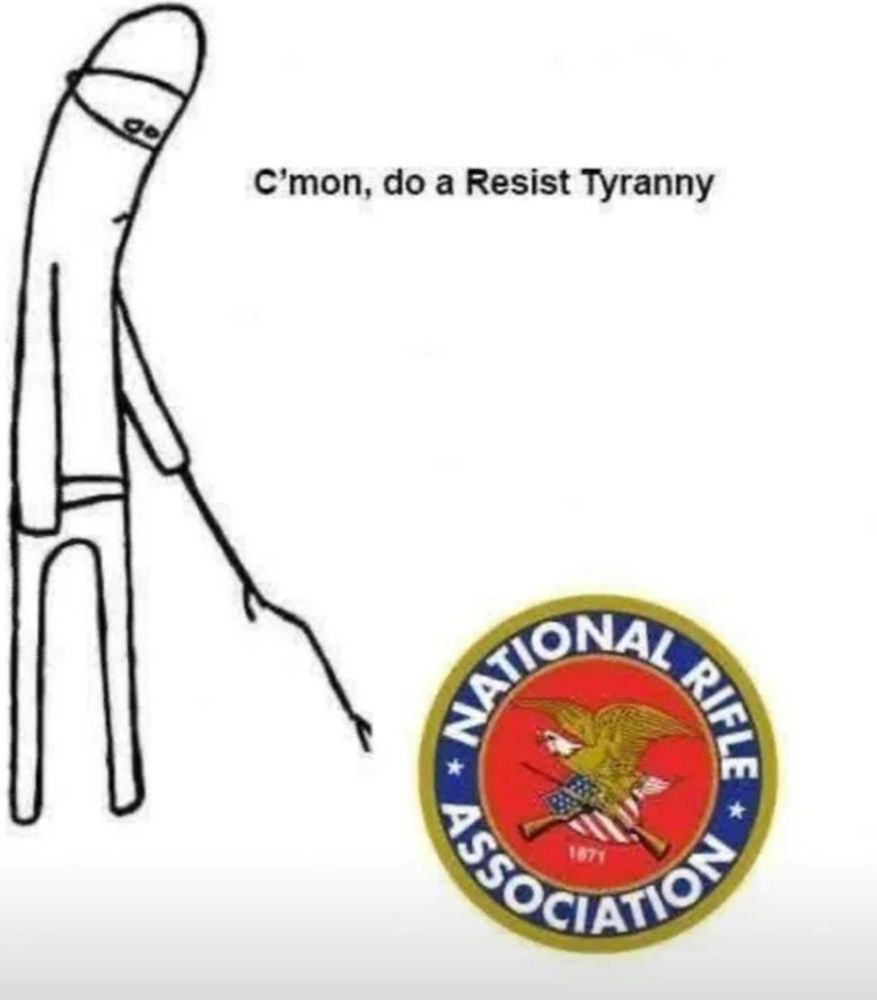 A stick-like drawing of a person holding a leafless branch. It is extended to poke at an NRA emblem. Quote is "C'mon, do a Resist Tyranny"