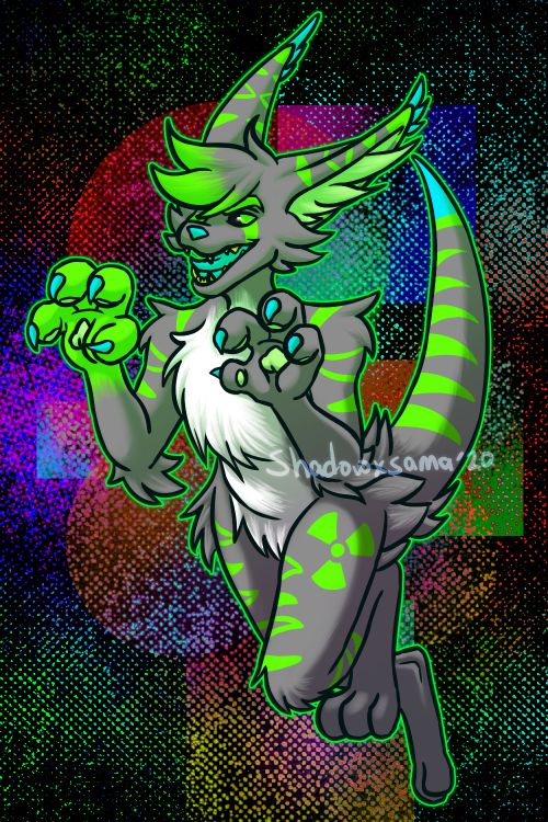 an image of a furry wolf raptor hybrid character that is gray and neon green