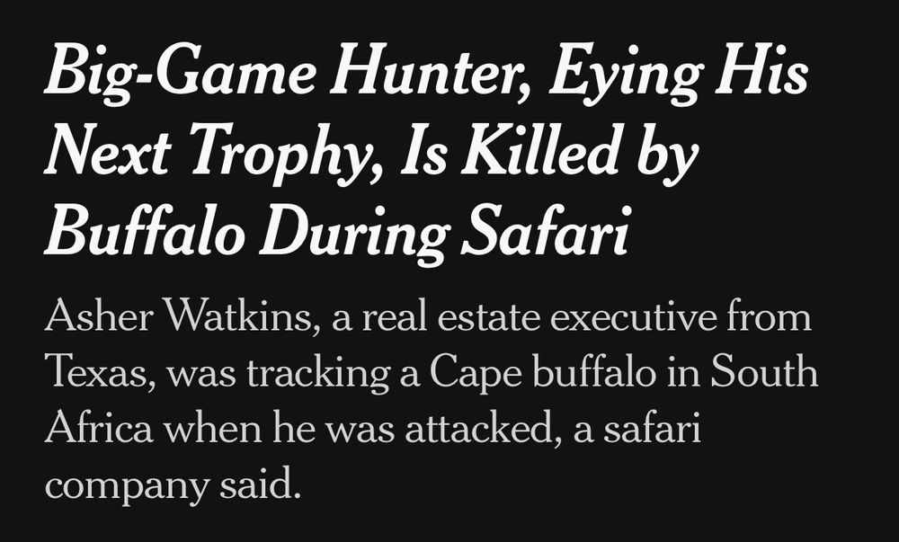 Big-Game Hunter, Eying His Next Trophy, Is Killed by Buffalo During Safari Asher Watkins, a real estate executive from Texas, was tracking a Cape buffalo in South Africa when he was attacked, a safari company said.