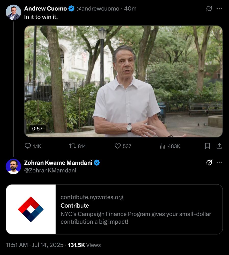 screenshot from X of corrupt sex pest andrew cuomo announcing he's gonna run for NYC mayor third-party, and zohran mamdani (who the democratic party should get behind but they seem to love losing, so) in the replies with a link to his own small-dollar fundraising site 
