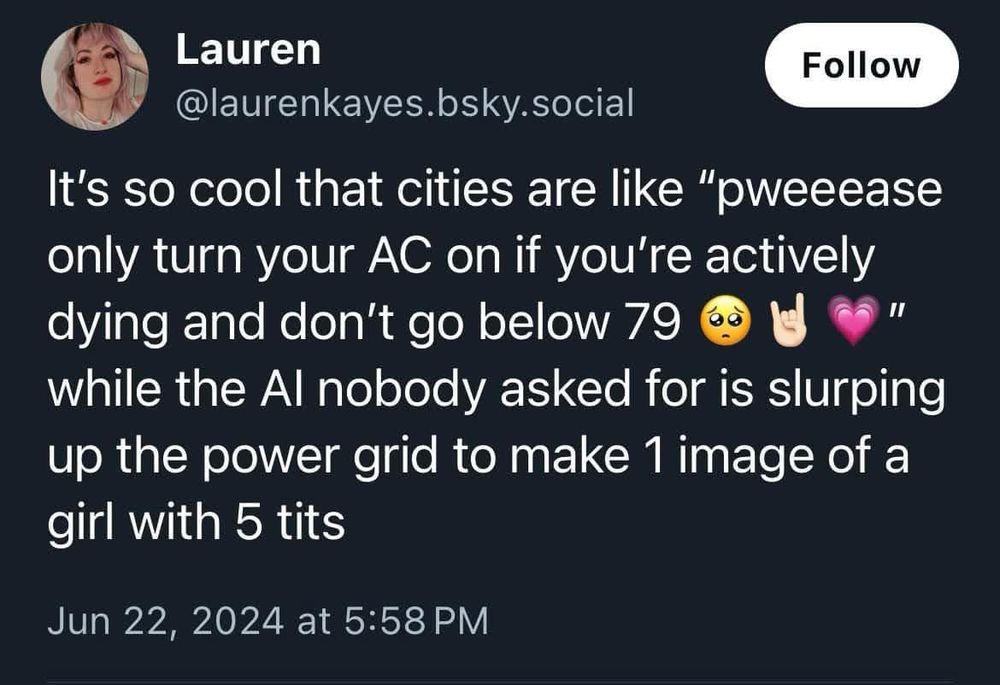 @laurenkayes.bsky.social
It's so cool that cities are like "pweeease only turn your AC on if you're actively dying and don't go below 79
while the Al nobody asked for is slurping up the power grid to make 1 image of a girl with 5 tits
Jun 22, 2024