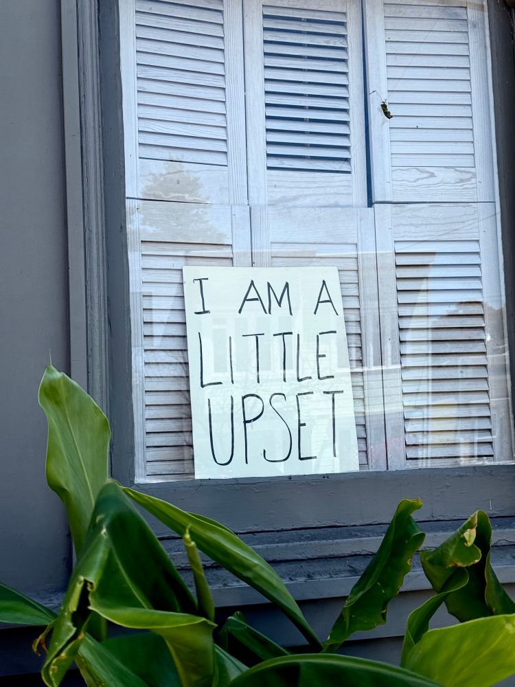 a window in san francisco with a handmade sign that says I AM A LITTLE UPSET