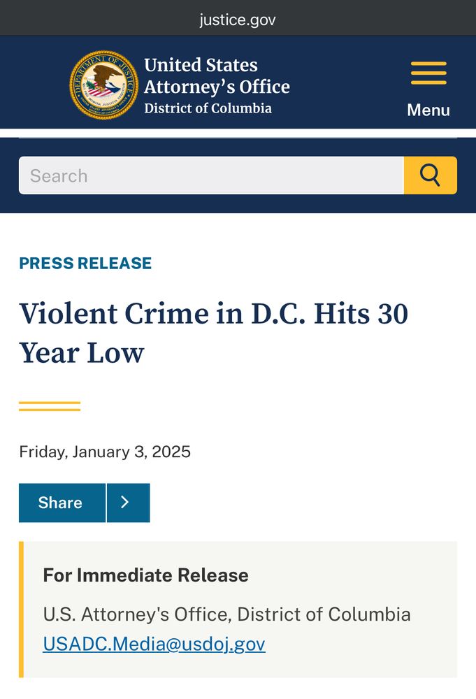 PRESS RELEASE
Violent Crime in D.C. Hits 30 Year Low
Friday, January 3, 2025

For Immediate Release
U.S. Attorney's Office, District of Columbia
USADC.Media@usdoj.gov