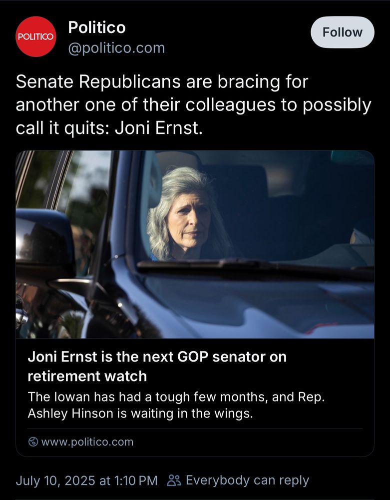 from Politico: Senate Republicans are bracing for another one of their colleagues to possibly call it quits: Joni Ernst.