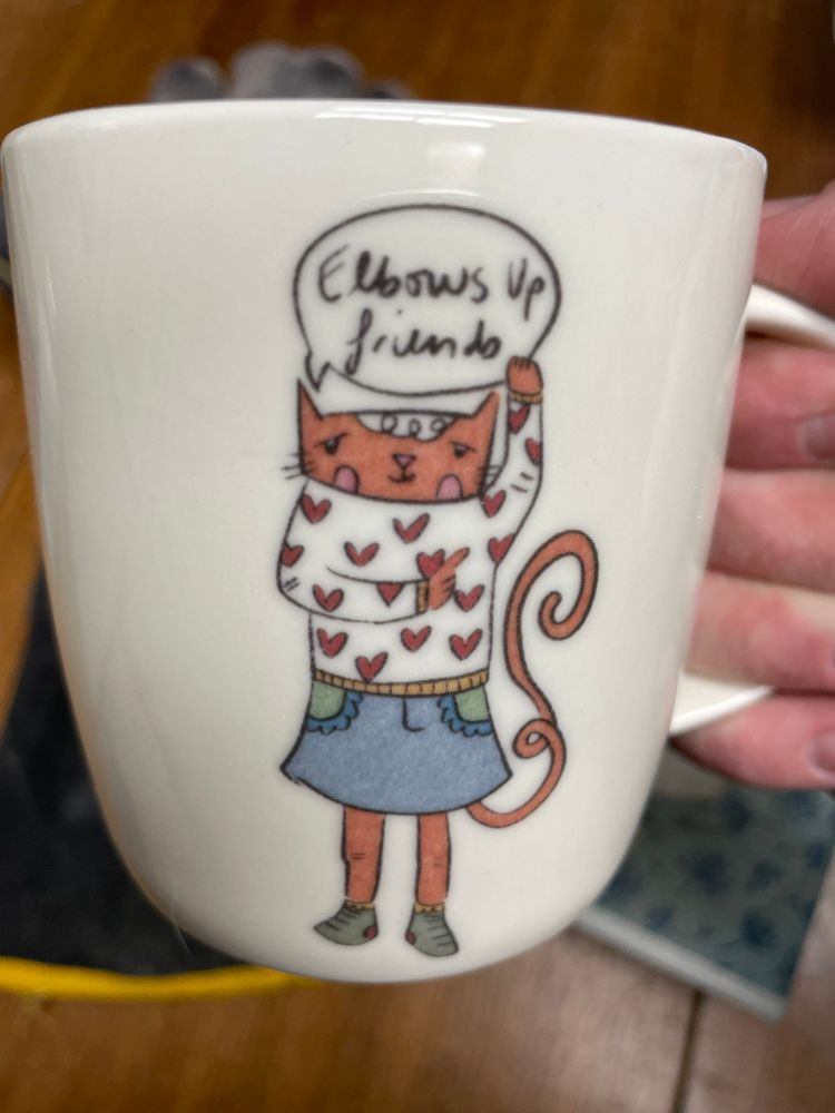 Hand holding a white coffee mug with a drawing of a an orange cat in a sweater covered in red hearts and a jean skirt holds one arm up, other arm point at the elbow of the other arm. A speech bubble says ‘elbows up friends’ 
