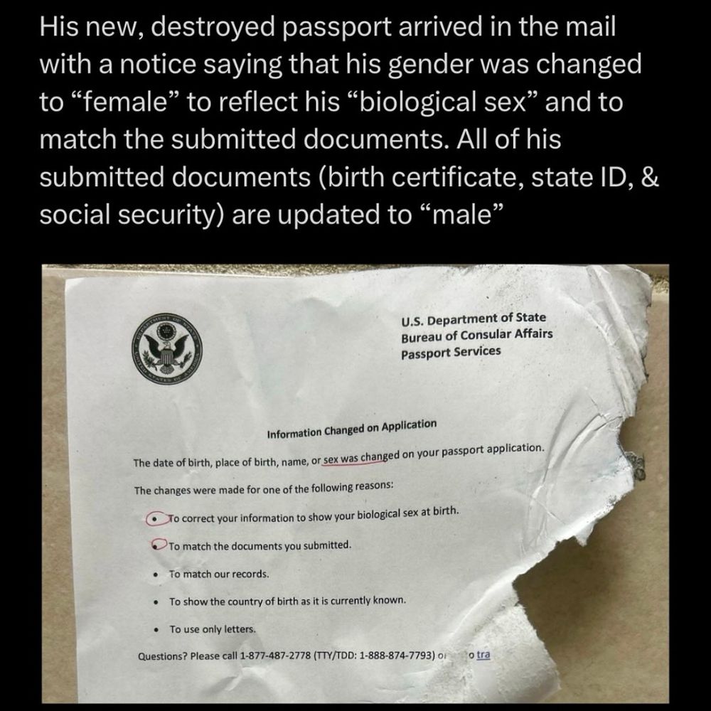 Image of a passport and birth certificate torn and damaged. With text about trans man and how these documents were damaged and then sealed and posted to him stating he put wrong gender on documents. 