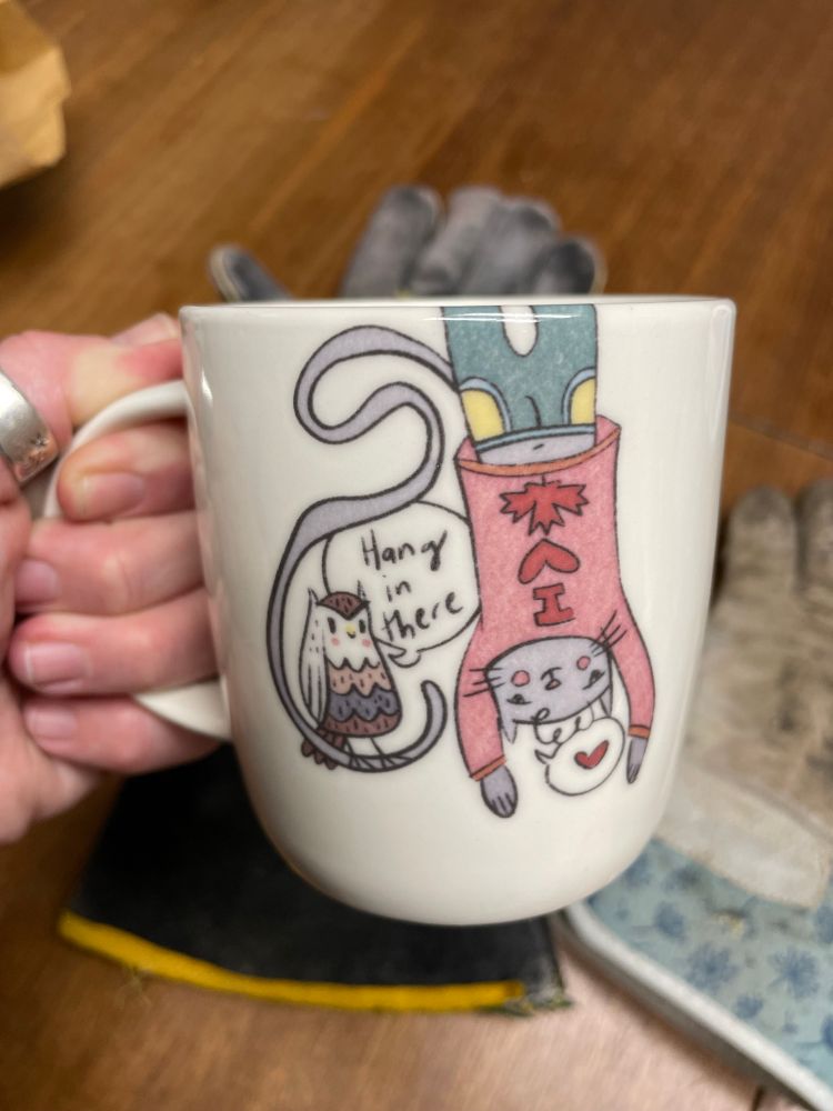 Hand holding a white coffee mug with a drawing of a grey cat hanging upside down. The cat wears a pink sweater on the swearter
In red it say I ❤️🍁
The cats tail winds around and sitting on one loop of the tail is a grey,  brown and white owl. The old says to the cat ‘ hang in there. 