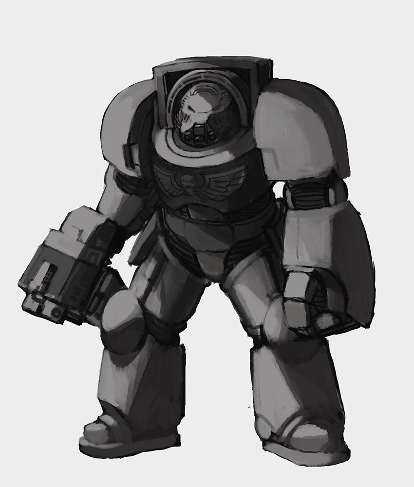 Artwork by illustrator Frost Llamzon depicting a rough sketch of a space marine in terminator armor.