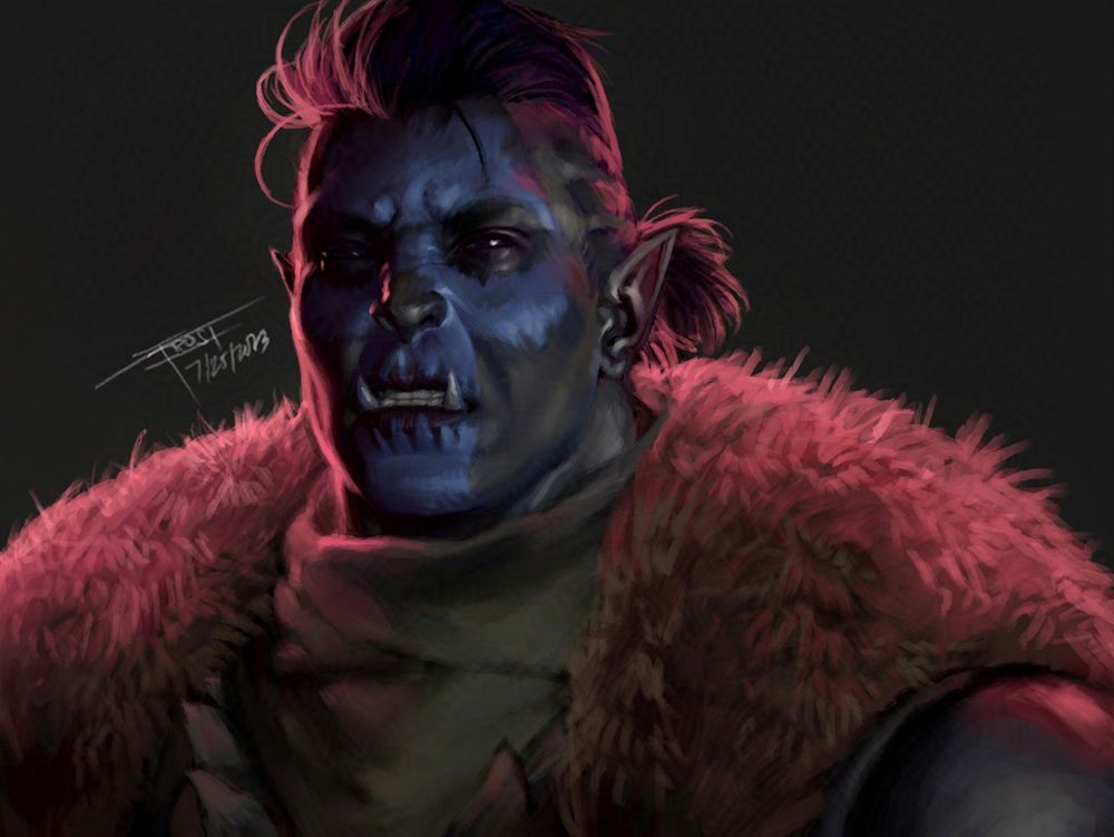 Artwork by Illustrator Frost Llamzon depicting a bust portrait of a half orc ranger wearing furs