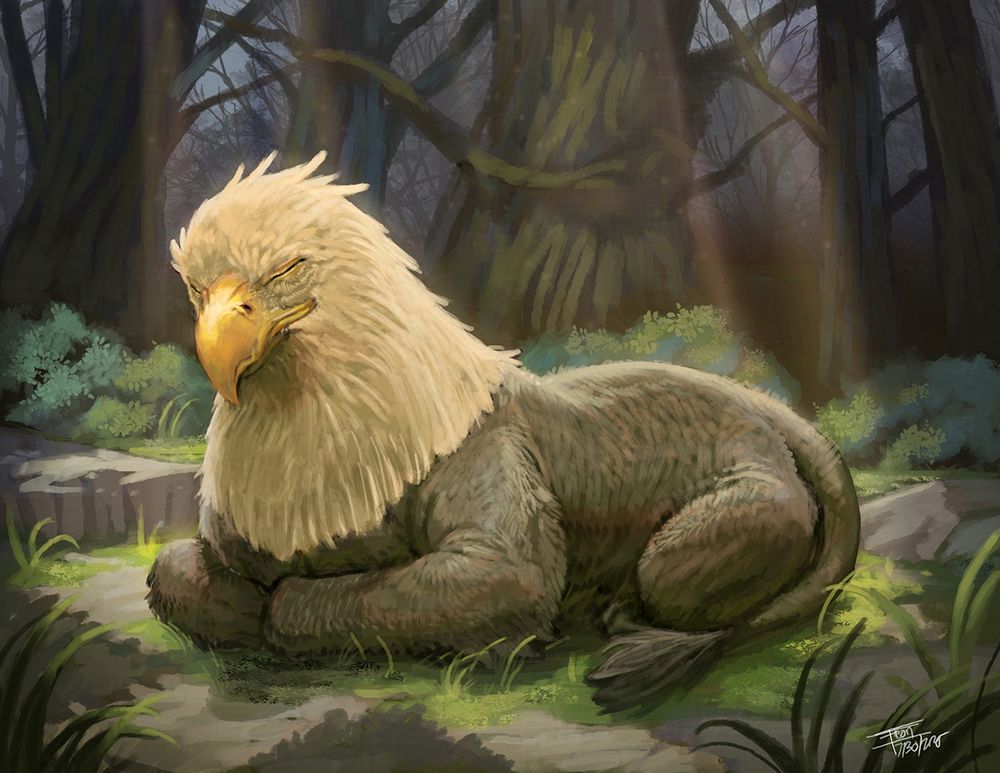 Artwork by Illustrator Frost Llamzon depicting a demigryph, an eagle headed lion from the warhammer universe and lore. It is resting in the famous "cat loaf" position in the middle of a forest.