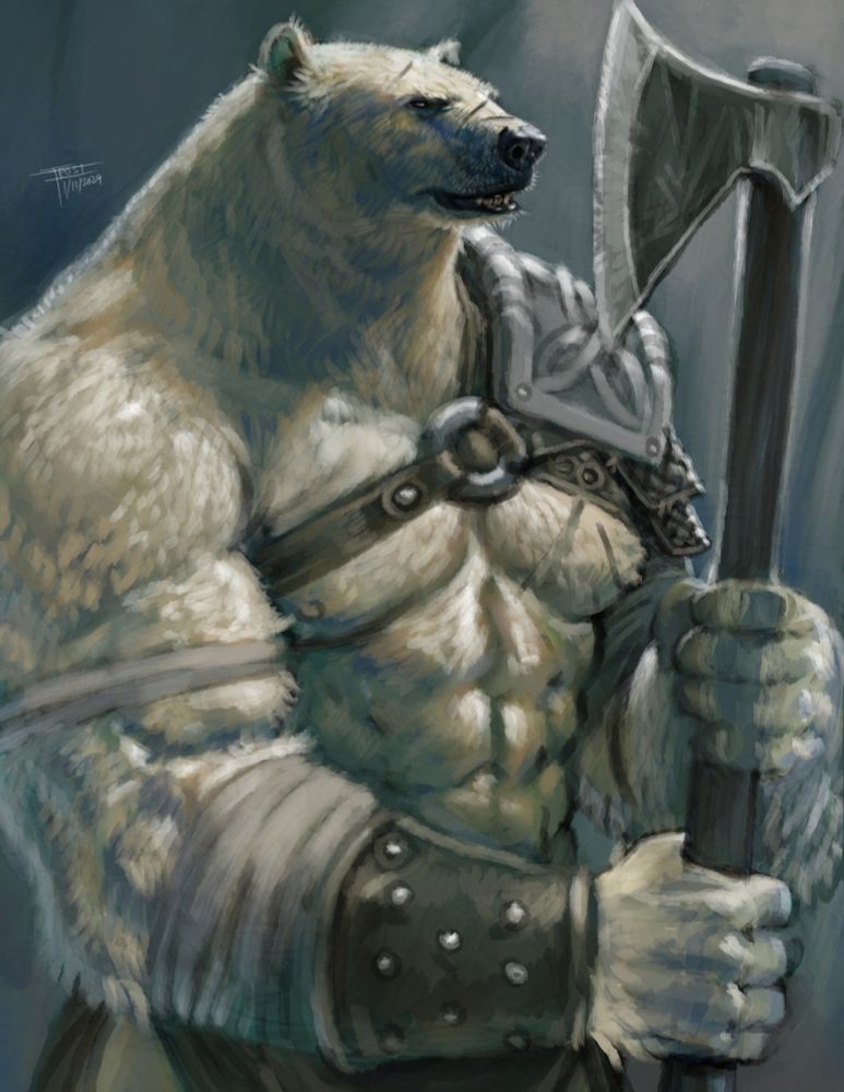 Artwork by Illustrator Frost Llamzon depicting a polar bear warrior humanoid. He is wearing some light armor and carrying a battle Axe.