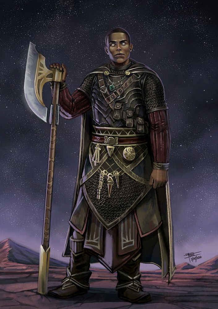 Artwork by Illustrator Frost Llamzon depicting a hellknight from the pathfinder tabletop game universe, standing his hand resting on top of his bardiche