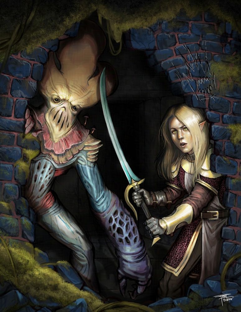 Artwork by Illustrator Frost Llamzon depicting two characters peeping through a large hole. On the left of the is a large mushroom humanoid and on the right is an elf with a blue blade and red chainmail.