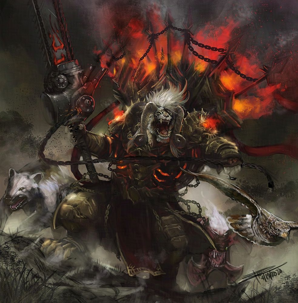 Artwork by Illsutrator Frost Llamzon depicting a charr, a muscular horned feline humanoid from the guild wars 2 lore, revving a chainsaw sword, 3 beasts at each of his side.