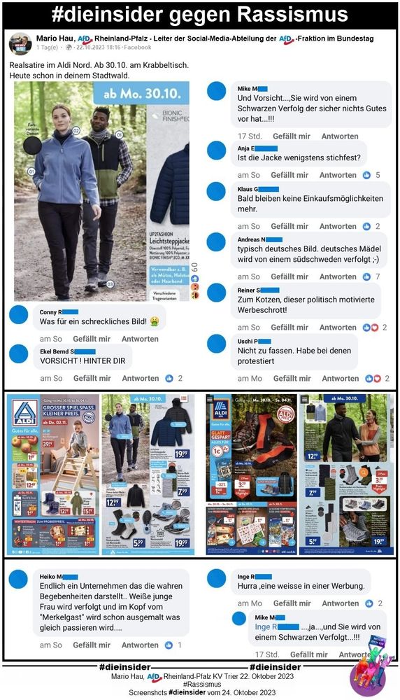 Screenshot eines Aldi Werbungsprospekt Reposted von der AFD mit Facebook Kommentaren
