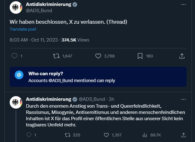 Tweet von der Antidiskriminierungsstelle des Bundes die mitteilen, dass sie X verlassen.