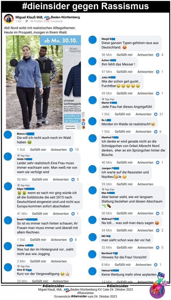 Screenshot eines Aldi Werbungsprospekt Reposted von der AFD mit Facebook Kommentaren