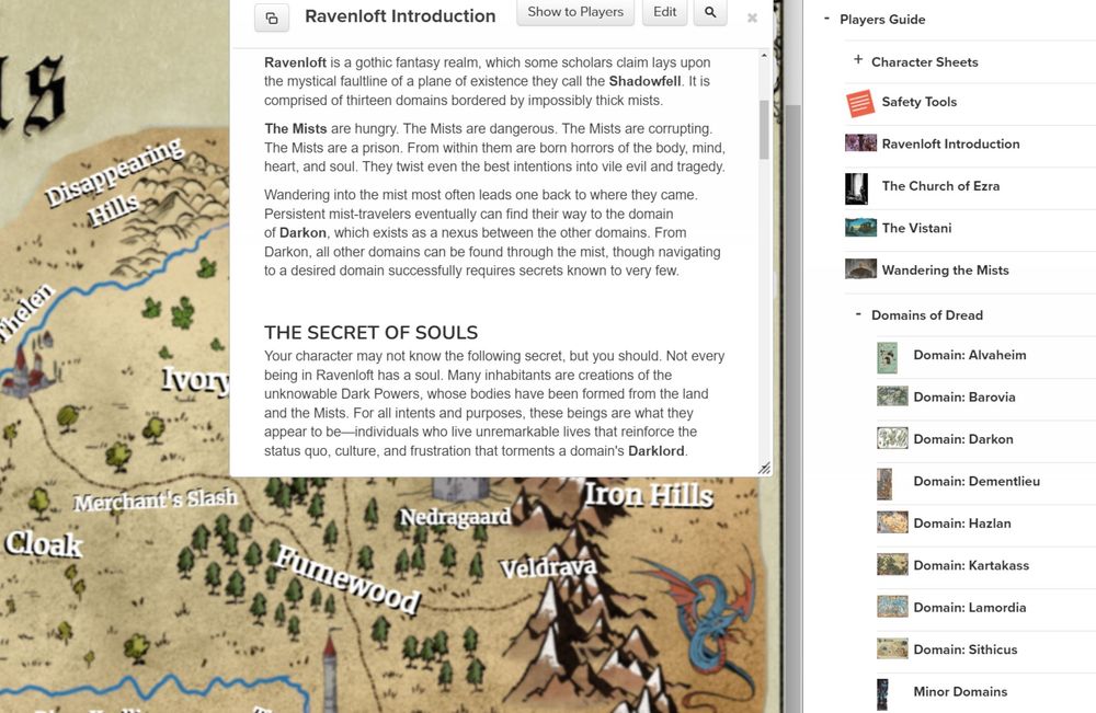 A screenshot featuring a Ravenloft domain map, worldbuilding, and domains.