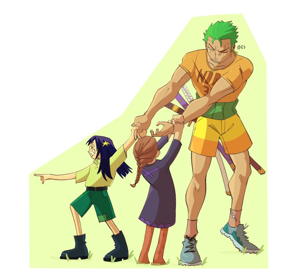 Zoro is being dragged by two children, holding on to his arms(to go on an adventure)