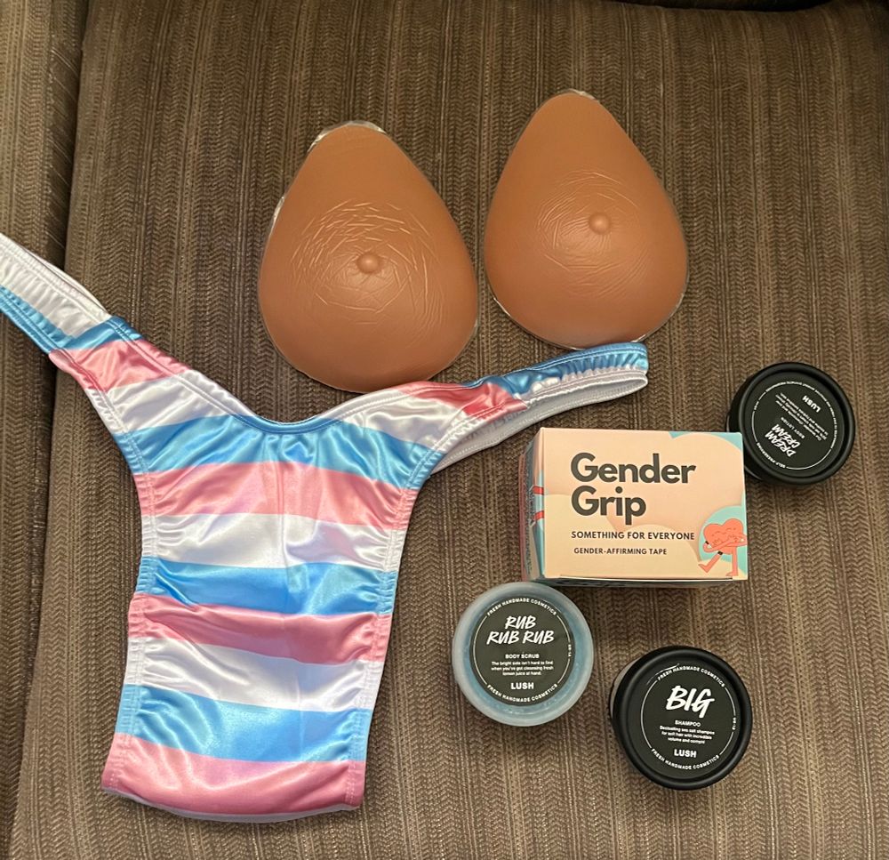 A tucking gaff in trans pride colors, two silicone breast forms, a box of Gender Grip tape, and three Lush products: Big shampoo, Rub Rub Rub body scrub, and Dream Cream body lotion