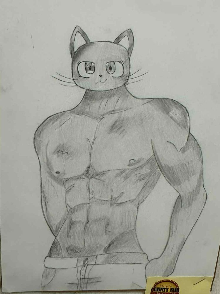 A shockingly detailed drawing of a buff shirtless human body with a surprisingly simple anime style cat for a head. 