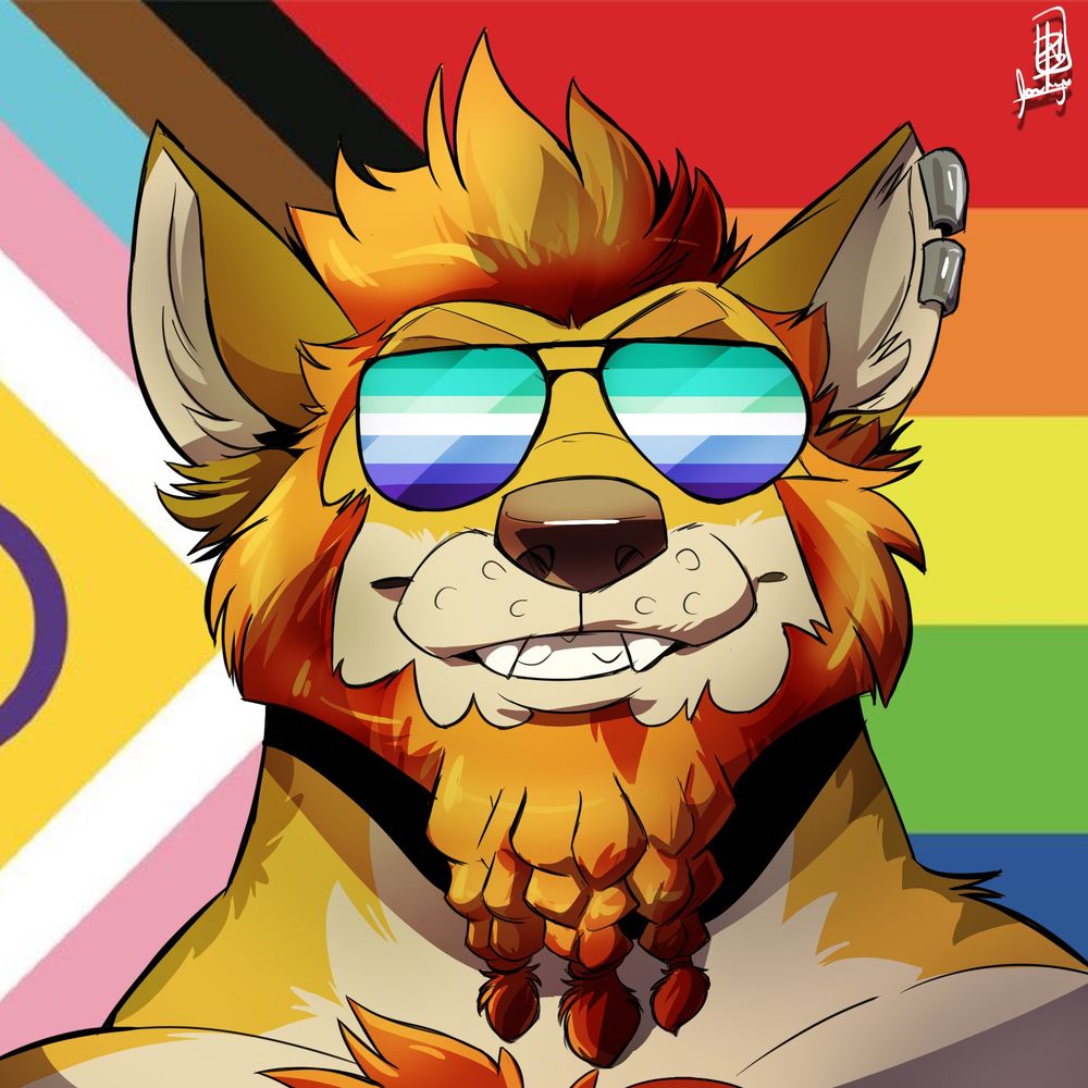 Rune grinning and wearing glasses with the MLM pride flag on them and with the pride flag in the background