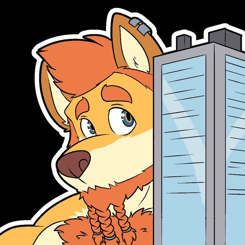 Rune looking shy and peaking out from behind a skyscraper