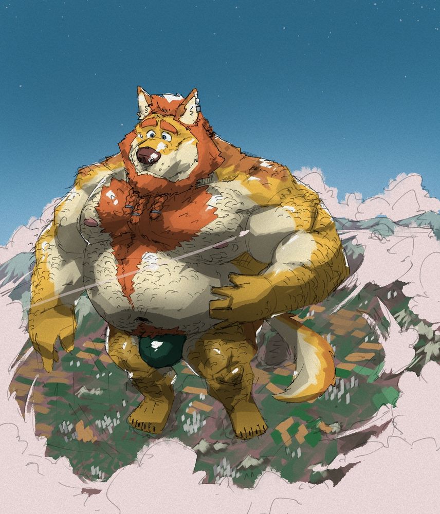 Rune, a gigantic anthropomorphic wolf, standing with his head above the clouds as an airplane flies past him. He's wearing a Speedo and looks slightly perturbed