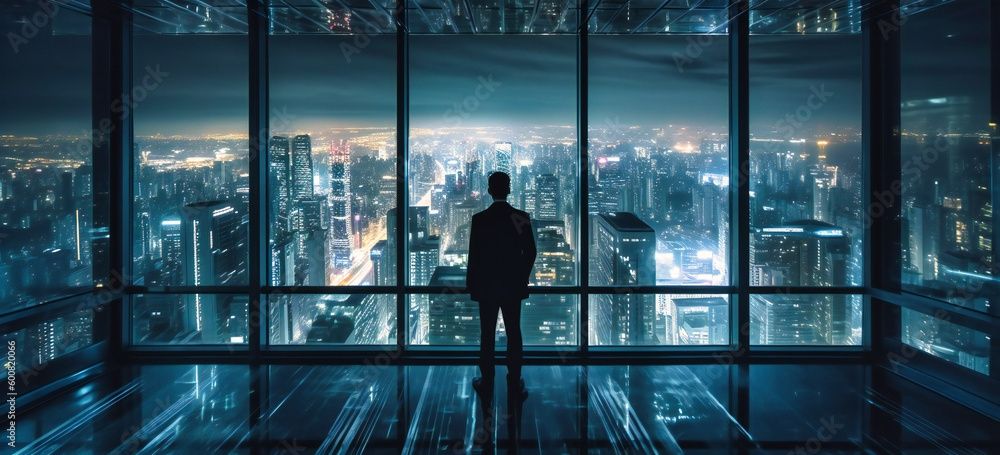 Guy staring out over a city through a high-rise office window at night. The lights of the city are reflecting off the floors and ceiling