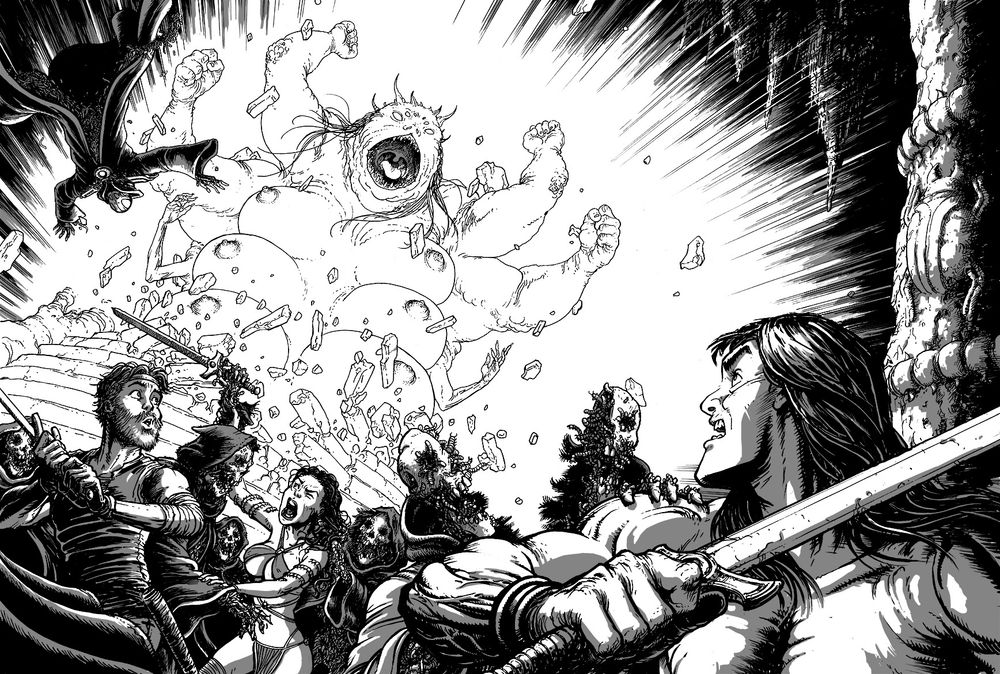 Conan vs an army of skeletons and a giant naked bug lady with six huge boobs.