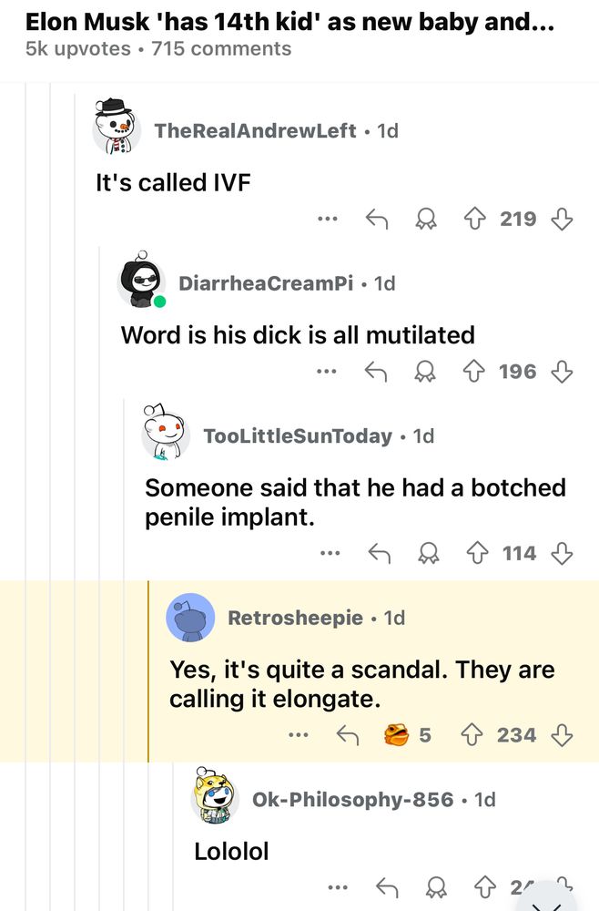Screenshot of a conversation on the subreddit community r/RealTesla. DiarrheaCreamPi comments: “Word is his dick is all mutilated.” TooLittleSunToo explains that “Someone said he had a botched penile implant.” Retrosheeple adds an unfortunate detail, but wins many upvotes: “Yes, it’s quite a scandal. They are calling it elongate.” Ok-Philosophy lols heartily.