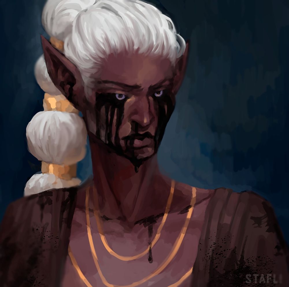 portrait of a character with brown skin, a beautiful gold necklace, white hair and black whites of eyes. he has a gloomy appearance - black goo oozes from his eyes, mouth, ears and nose (a side effect of magic). the slurry is thick and matte, it has remained on clothes in some places.