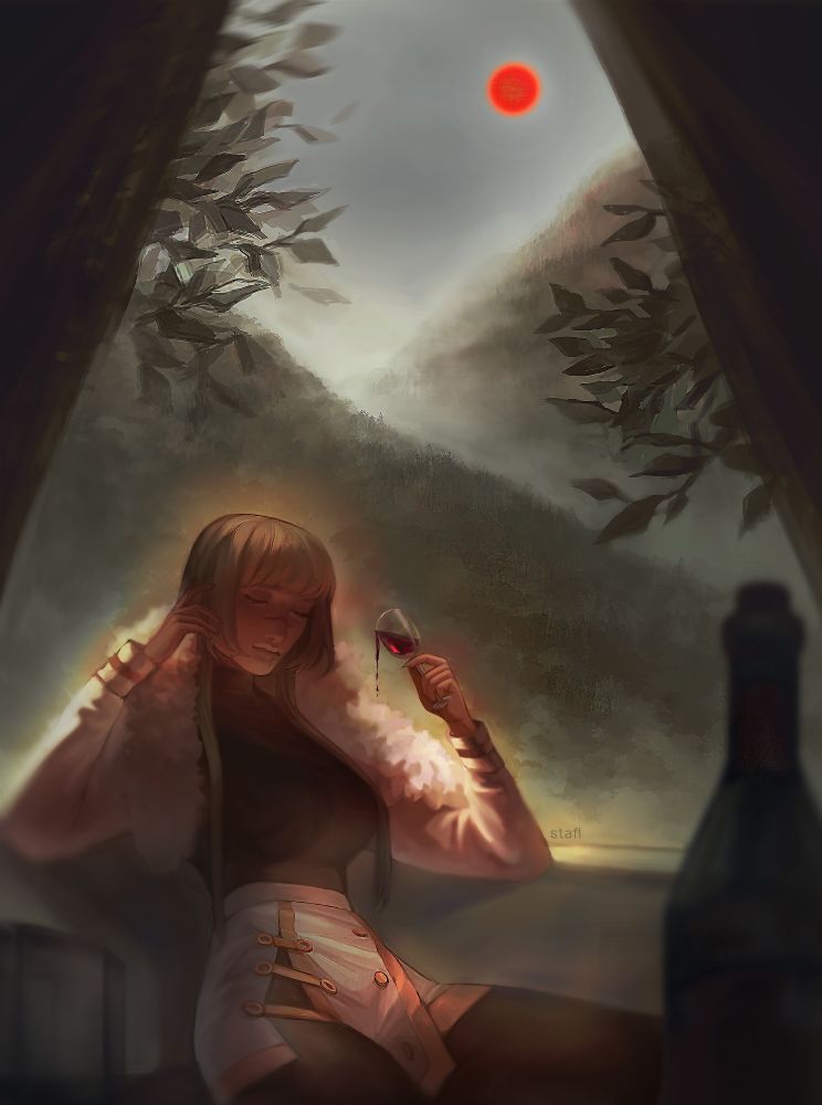 This digital painting presents a calm yet hauntingly atmospheric scene, blending elegance with an unsettling mood. 