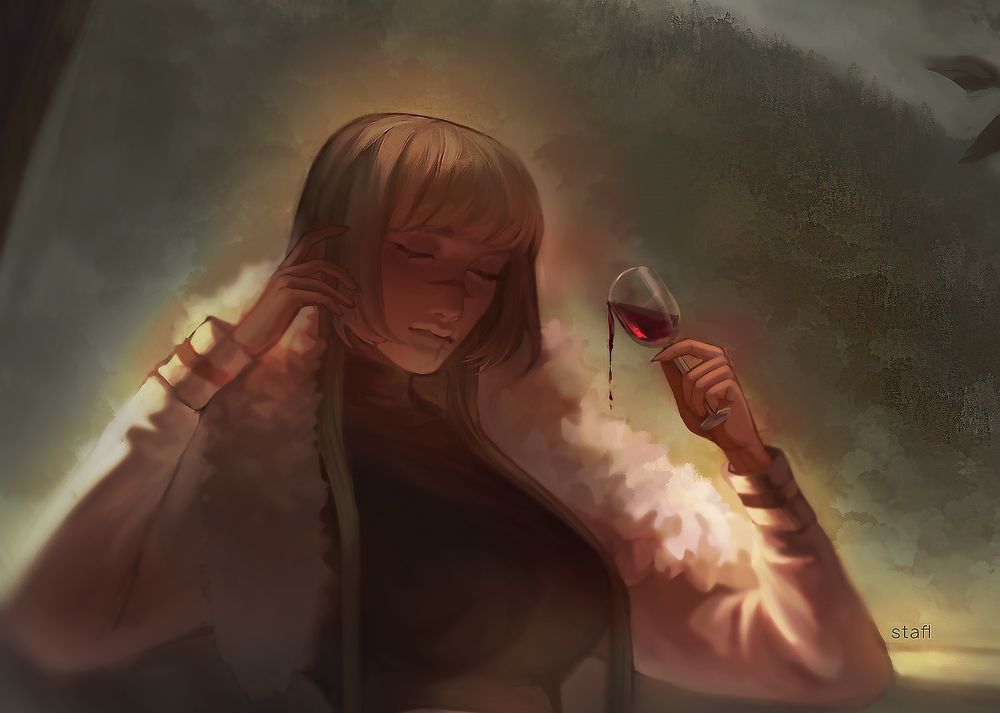 The overall impression of the artwork is one of elegance tinged with melancholy and dread. The woman appears powerful yet vulnerable, bathed in warmth yet surrounded by signs of an unsettling world. She is at once a figure of comfort and mystery — someone who enjoys refinement and control, but who also exists in a fragile moment between peace and looming darkness.

Anchor words: digital artwork, woman, wine glass, red wine, fur coat, white shorts, golden details, closed eyes, halo glow, contemplative pose, luxury, misty mountains, red sun, hazy sky, tree branches, heavy curtains, bloodlike wine, cinematic lighting, elegance, melancholy, foreboding, intimate atmosphere.