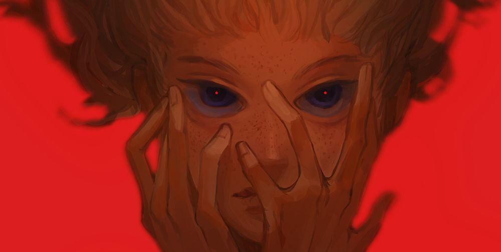This image is a close-up, focusing tightly on the person’s face and eyes, set against the same bold red background. The close framing emphasizes the striking details of the character’s intense gaze and expression.

The eyes are large, with deep purple or dark blue irises and small, bright red pupils that stand out dramatically against the darker tones, giving the eyes a haunting or surreal quality. Freckles dot the character's face, adding texture and a touch of realism to the smooth, warm-toned skin.

Their hands are raised, framing their face closely. Long fingers extend along the sides of the face, with some fingers partly covering the cheeks, adding an element of mystery or concealment to the expression. The person’s slightly parted lips are visible below the fingers, enhancing the contemplative, somewhat unsettling mood of the piece.

The lighting and shading on the skin and fingers create depth, adding to the image's intensity. With this composition, the image highlights the person’s eyes, expression, and the emotional impact of their gaze against the stark red background. The overall feel is intense and slightly eerie, drawing the viewer into the character's captivating, otherworldly appearance.