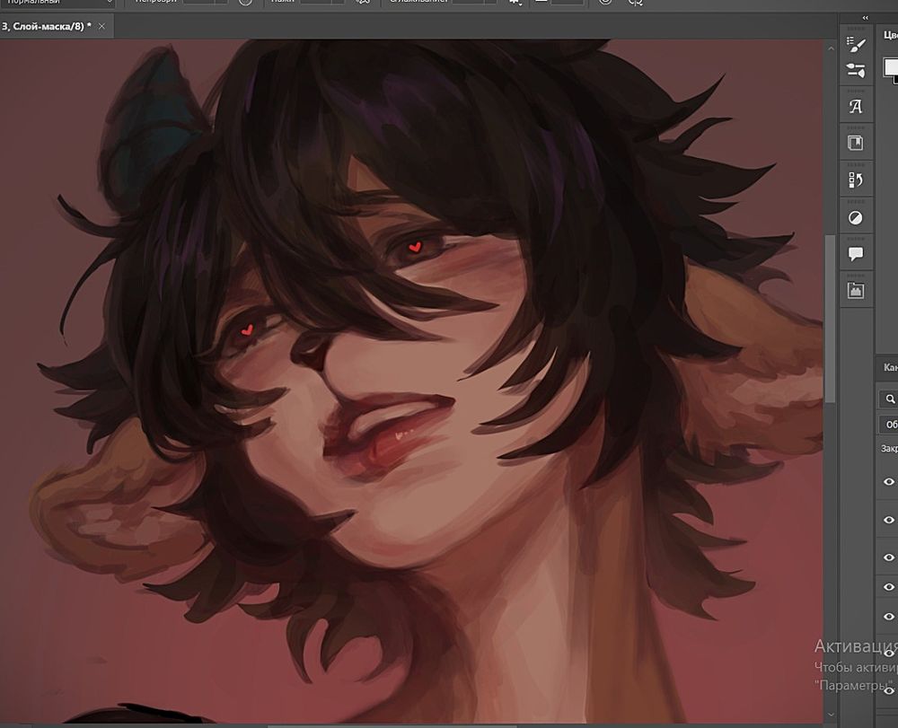 The artwork presents a deeply expressive and atmospheric portrayal of a humanoid character with strikingly unique features. The character combines elements of both human and animal traits, creating a compelling fusion of elegance and mystery.

Head and Face
The face is elongated and softly contoured, with high cheekbones and a slightly angular jawline that add sophistication to the character’s overall appearance. The skin tone is a pale, creamy shade, with subtle blushes of warmth around the cheeks and lips, lending a lifelike quality to the portrait. Their glowing, crimson-red eyes are mesmerizing and seem to pierce through the viewer, exuding intensity and confidence.

Their lips are slightly parted, with a faint, sultry smile that enhances the enigmatic aura. The shading around the lips adds dimension, emphasizing their fullness. Shadows fall naturally across the face, giving depth and highlighting the expressive gaze.

Hair
The character’s hair is a tousled, shaggy black, falling in irregular, messy strands that frame the face and partially obscure the eyes. The hair texture is soft but wild, creating a sense of motion and personality. Subtle streaks of deep purple or dark blue tones shimmer in the hair, catching the light faintly, adding depth and richness to the dark locks.
Emotional Impact
The overall composition feels intimate and personal, as though the character is caught in a fleeting moment of vulnerability or reflection. The intense gaze and slight smile suggest layers of emotion—seduction, mystery, and a touch of melancholy—all wrapped in an otherworldly charm. The art captivates the viewer, inviting them to imagine the story behind this intriguing character.